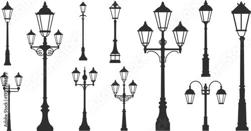 Vintage street lamp silhouettes collection, classic city lantern posts isolated black silhouette set for urban lighting, architecture and design