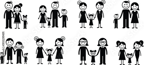 Diverse family stick figure icons set, including same-sex parents, nuclear families, and children, isolated vector illustrations for modern community concepts.