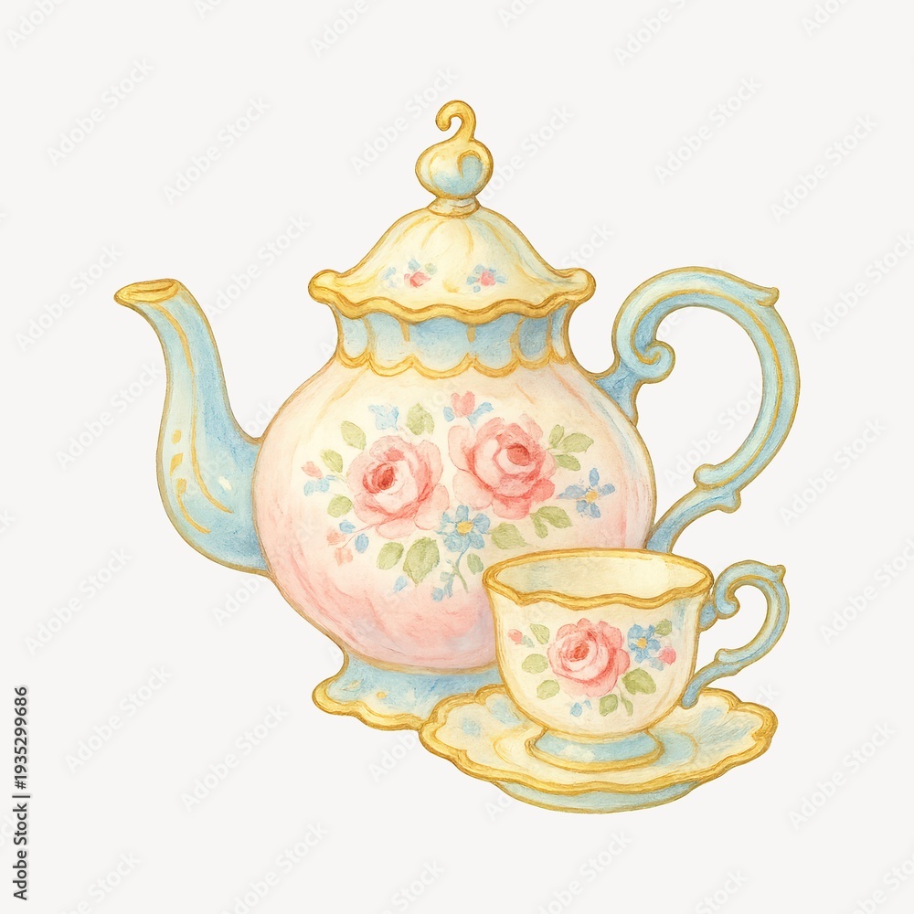 Fototapeta premium Vintage floral teapot illustration