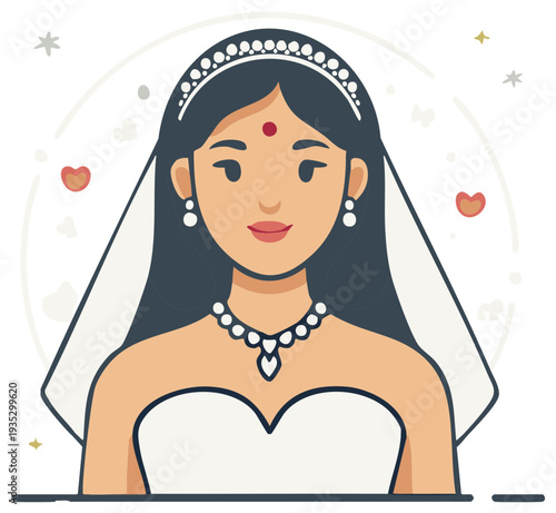 Beautiful Indian bride wearing traditional wedding attire and jewelry for a marriage ceremony with delicate veil and bindi