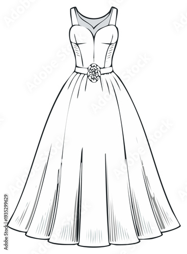 Vintage Style Evening Dress, A-Line Skirt, Floral Brooch, Fashion Illustration