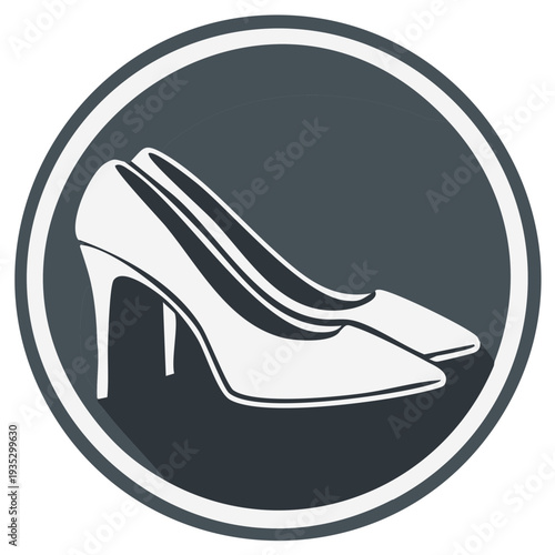 Stylized graphic of high heeled shoes in a gray circle, fashion design