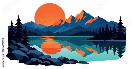 Minimalist flat illustration of a mountain lake landscape depicting a vibrant sunset reflection for nature themed designs
