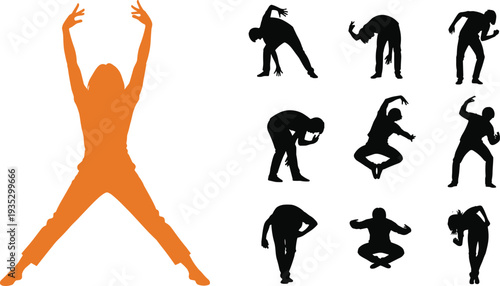 Set of silhouettes featuring a female dancer in orange and black performing expressive contemporary dance moves and energetic jumping poses