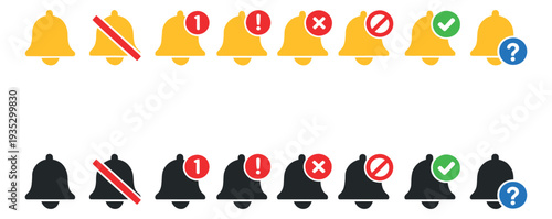 Modern flat notification bell icon set featuring alert, silent, new message, and inquiry states for web and mobile user interface design