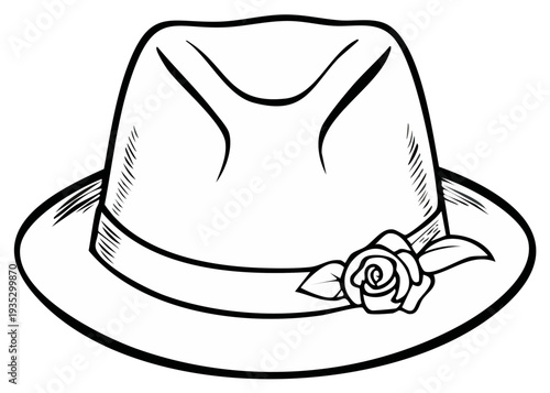 Classic Fedora Hat with Rose Accent Line Drawing