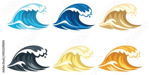 Cartoon ocean wave set featuring cresting waves in various color palettes for summer and nautical themed designs