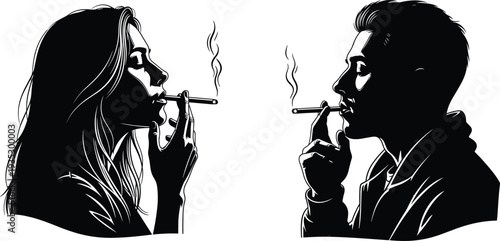 Side Profile Silhouette of a Man and Woman Smoking Cigarettes with Smoke Clouds for Unhealthy Habit Addiction Stress Relief and Socializing Lifestyle Concept Art
