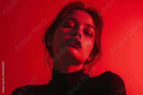 Studio portrait of a fashion model illuminated by dramatic red lighting, wearing a black turtleneck