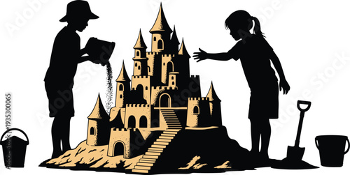 Silhouette Illustration of Two Young Children Building an Intricate Sandcastle Together on the Beach During a Sunny Summer Vacation Day