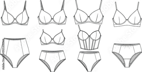 Women lingerie underwear set collection, bra and high waist panties fashion technical templates, cad drawing flat vector illustration