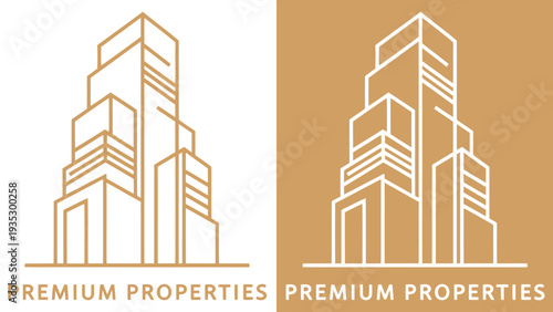 A modern logo for a luxury real estate company featuring a stylized building design and premium properties text