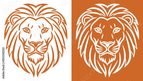 A stylized illustration of a lion's head in orange and white colors on different backgrounds