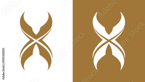A modern logo design featuring symmetrical abstract shapes in gold and white on contrasting backgrounds.