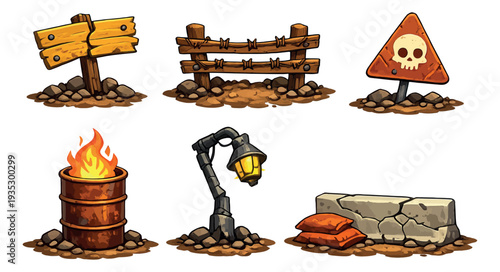 Cartoon style game assets set featuring various gritty environment props including a wooden sign, a barbed wire fence, and a burning barrel for video games