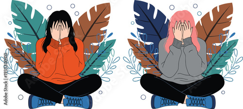 Young woman covering face feeling anxiety and depression surrounded by abstract leaves, mental health awareness concept, emotional stress burnout psychology flat vector illustration