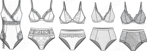 Women lace lingerie set collection, bra panties bodysuit underwear fashion technical templates, cad drawing flat vector illustration