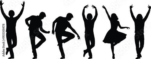 Dynamic black silhouettes of people dancing and celebrating featuring energetic poses of men and women for party and music event.