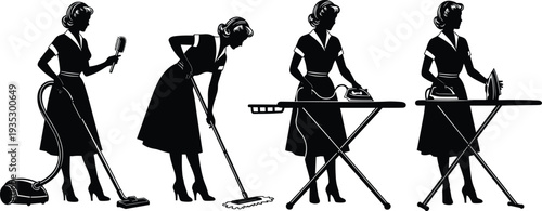 Vintage Retro 1950s Housewife Silhouette Set Featuring a Woman Vacuuming Mopping and Ironing Clothes for Domestic Housework and Cleaning Service Concepts