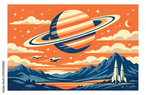 Vibrant flat design illustration of a cosmic landscape depicting space rockets and a ringed planet for exploration and discovery themes