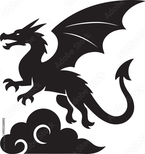 Black Dragon Silhouette Flying Over Stylized Clouds, Mythical Creature Vector Illustration