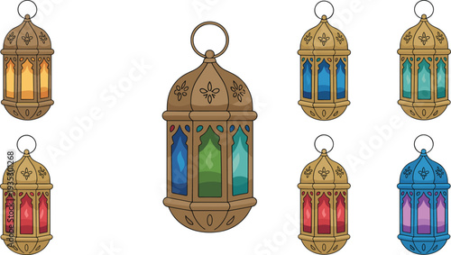 Set of seven ornate Middle Eastern Ramadan lanterns with colorful glass, isolated vector illustration on white background traditional Islamic decor
