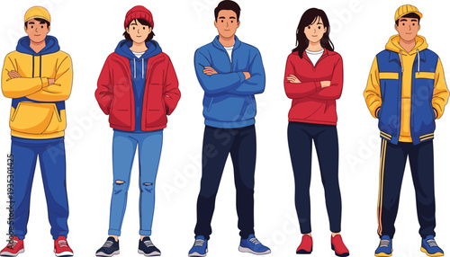 Five cartoon people wearing casual clothing standing with arms crossed