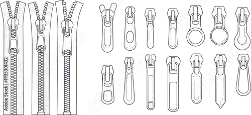 Zipper and zipper puller technical drawing set for clothing accessories, sewing hardware CAD fashion flat vector illustration collection