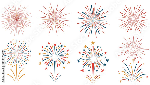 Collection of colorful firework bursts in various styles and shapes, ideal for celebrating national holidays and festive events with joy.