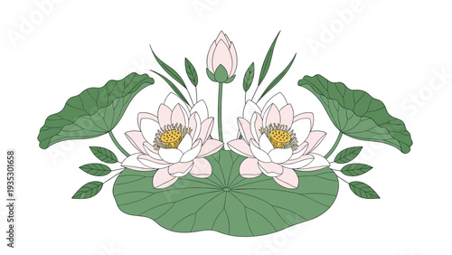 Symmetrical arrangement of pink lotus flowers and green lily pads, illustrated in a delicate and serene style for peaceful design themes.