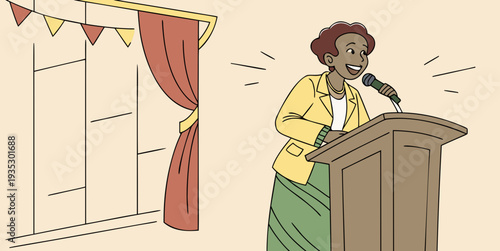 Smiling woman in yellow jacket and green skirt delivers a speech from a wooden podium against a beige background. The illustration style is cartoonish ... See More
