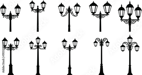 Black silhouettes of various street lamps on white background lamp posts 1