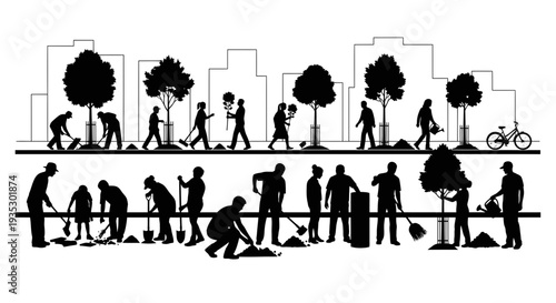 Set of city life and gardening vector silhouettes isolated on White Background