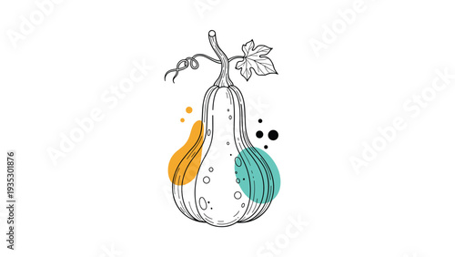 Stylized line drawing of a squash with colorful abstract shapes and dots, creating a modern and artistic take on traditional autumn produce.