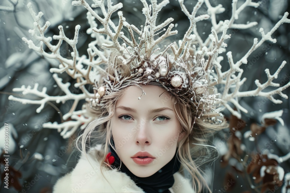 Fototapeta premium Beautiful blonde model wearing a white crown made of ice posing in a snowy forest during winter