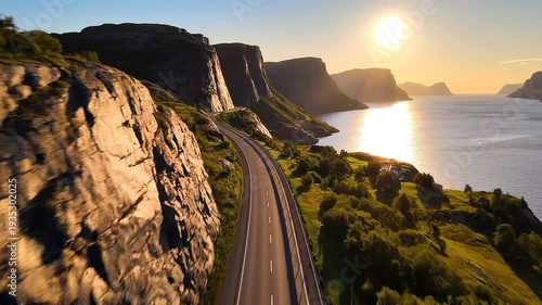 A serene and picturesque highway winding along the rugged coastline, surrounded by lush greenery and majestic cliffs