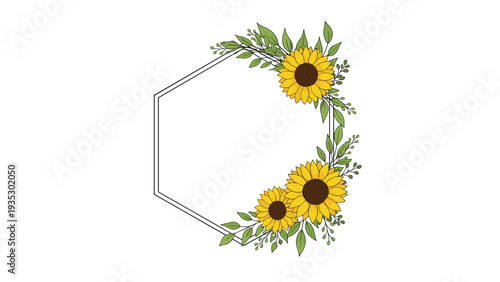Hexagonal floral frame featuring yellow sunflowers and lush green foliage on a white background provides elegant border for greetings or invitations.
