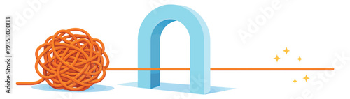 Conceptual illustration of a tangled mess depicting unraveling into a clear path for problem solving
