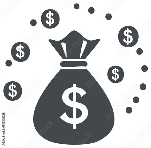 Money Bag with Dollar Signs and Floating Coins