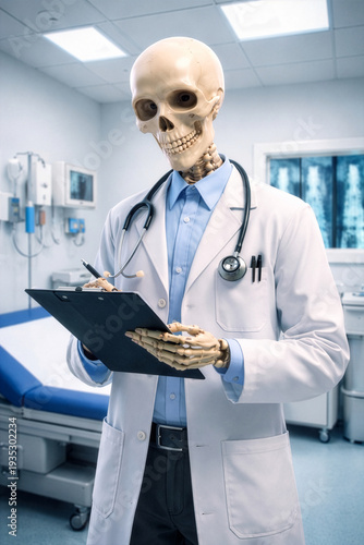 Humorous Skeleton Doctor Holding Clipboard in Modern Hospital Room