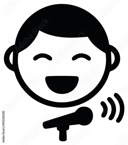 Joyful child speaks into microphone with sound waves emanating