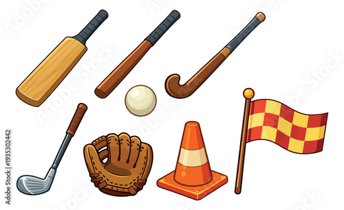 Colorful cartoon sports equipment and accessories set featuring a cricket bat, baseball bat, hockey stick, golf club, baseball glove, ball, cone, and checkered flag for sports, games, and competition