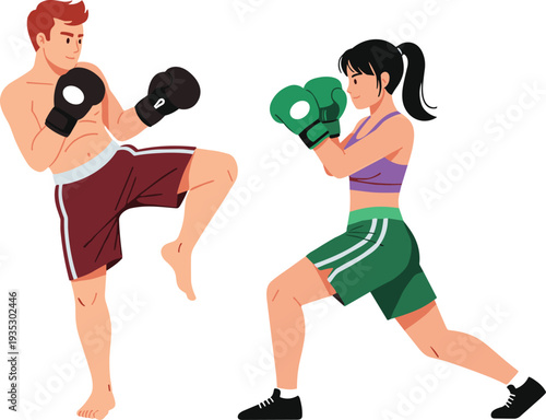 Man and woman wearing boxing gloves practicing kickboxing martial arts