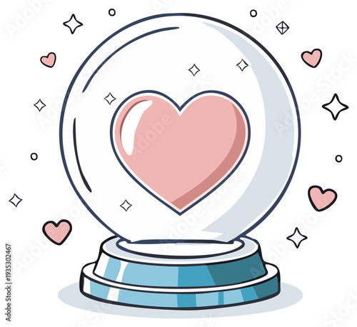 Sweet pink heart inside a magical crystal ball with floating stars and smaller hearts around