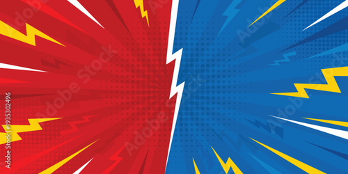Versus comic book background. Red and blue vs pop art battle background with lightinings. Fighting split comic backdrop.