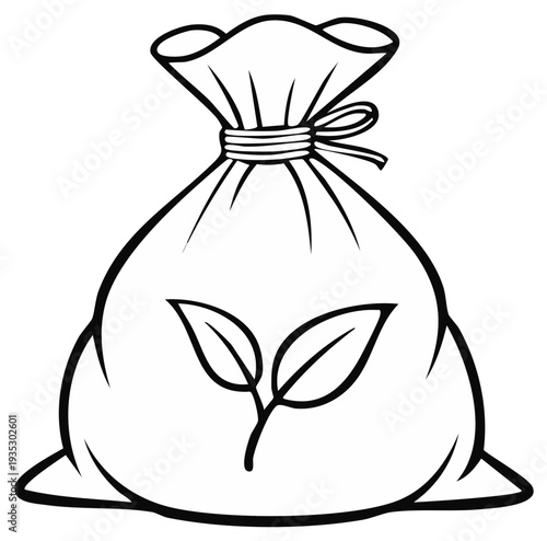 Drawing of a sack of natural fertilizer with two leaves sprouting as a black and white line art illustration