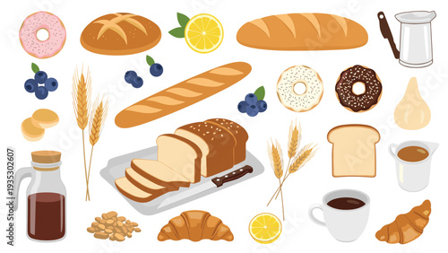 Extensive collection of bakery items including bread loaves, donuts, croissants, and coffee cups presented in a clean and appetizing flat design.