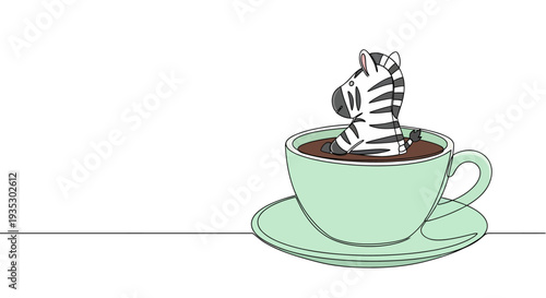 A tiny, adorable cartoon zebra with bold black and white stripes peacefully relaxes inside a light mint-green teacup filled with dark coffee, illustrated in a continuous line style on a white setting