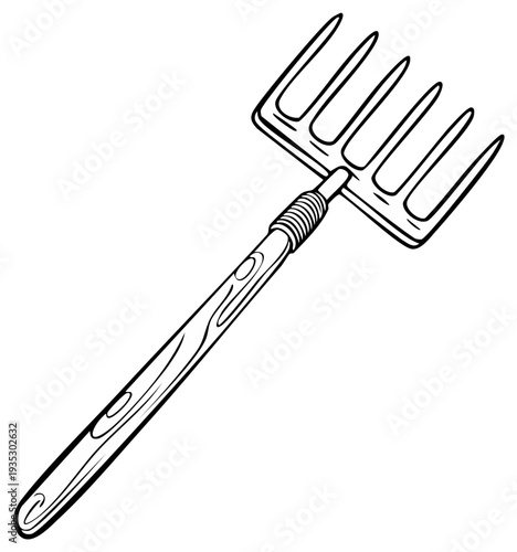 Hand-drawn illustration of a garden pitchfork with a wooden handle and metal tines
