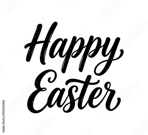 Happy Easter modern black brush lettering, hand drawn calligraphy phrase on white background, elegant holiday typography vector perfect for greeting card, poster, invitation, social media post.